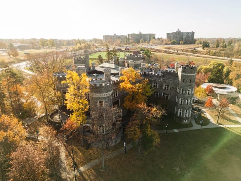 An aerial shot of Arcadia University in the fall